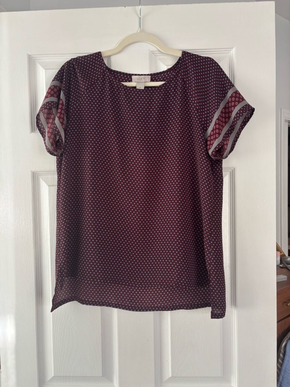 LOFT Burgundy Dot Short-Sleeve Blouse